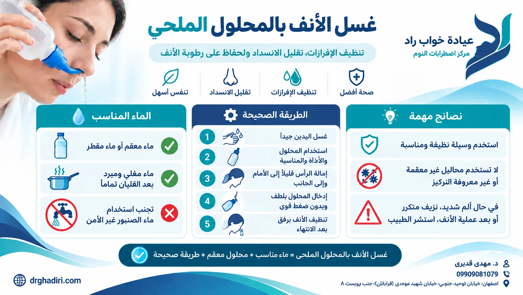 غسل الأنف بالمحلول الملحي؛ الماء المناسب وطريقة الاستخدام الآمنة