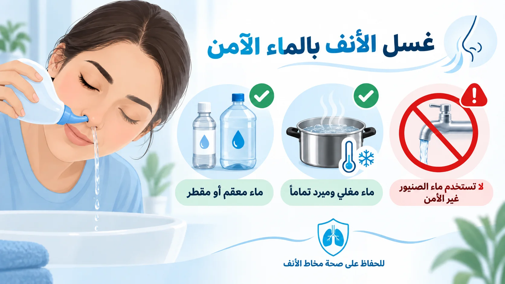 ما الماء المناسب لغسل الأنف بالمحلول الملحي؟